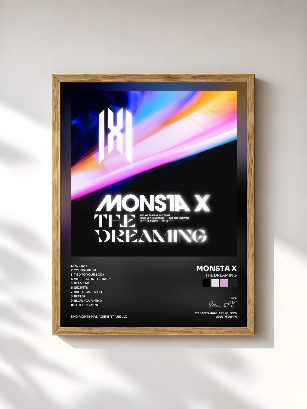 #bois Tableau de l'album The Dreaming de Monsta X, cadre en bois brut, imprimé et encadré en France