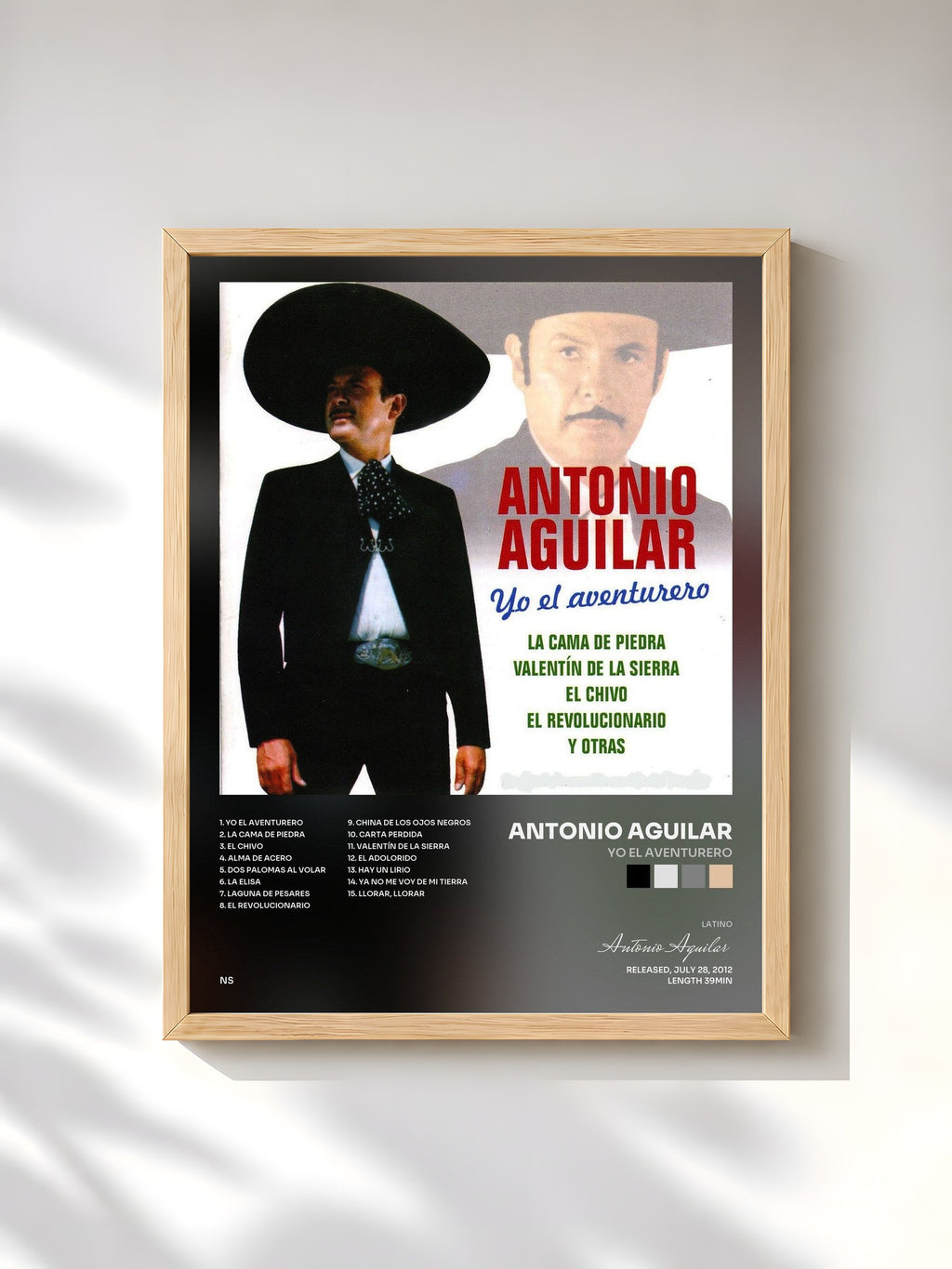 #bois Tableau de l'album Yo el Aventurero de Antonio Aguilar, cadre en bois brut, imprimé et encadré en France