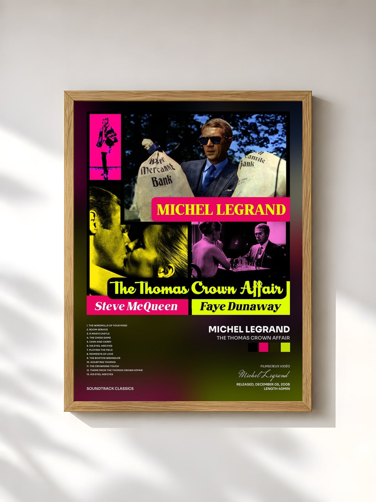 #bois Tableau de l'album The Thomas Crown Affair de Michel Legrand, cadre en bois brut, imprimé et encadré en France