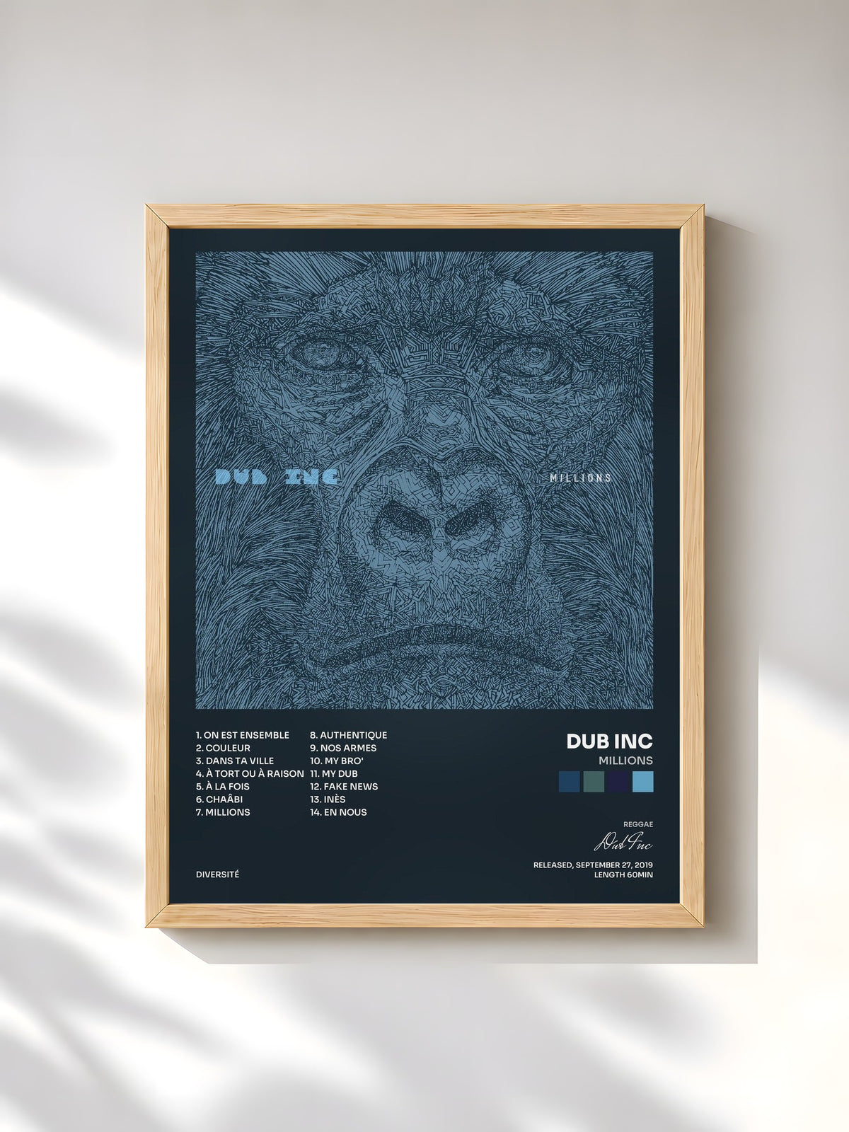 #bois Tableau de l'album Millions de Dub Inc, cadre en bois brut, imprimé et encadré en France