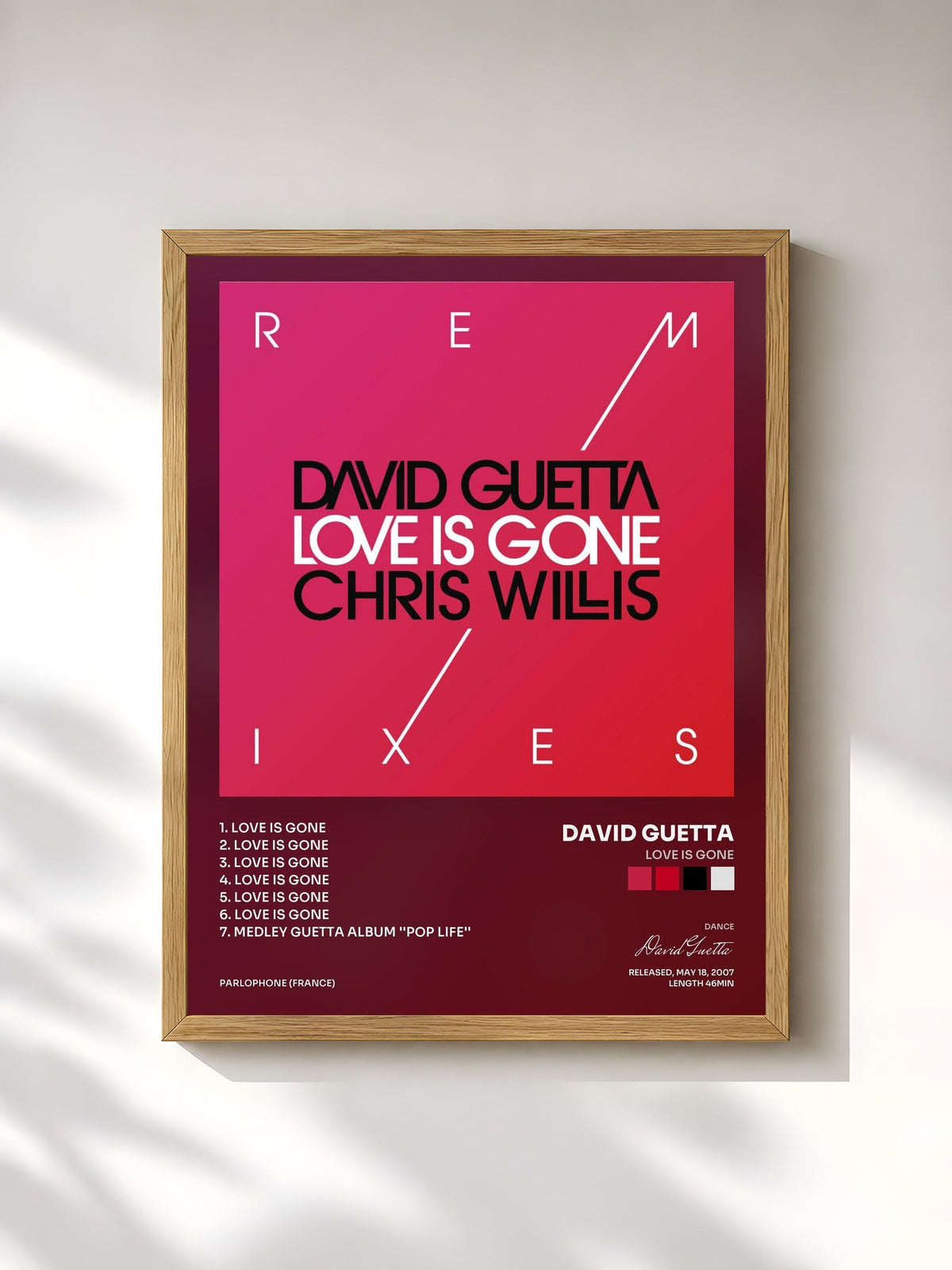 #bois Tableau de l'album Love Is Gone de David Guetta, cadre en bois brut, imprimé et encadré en France