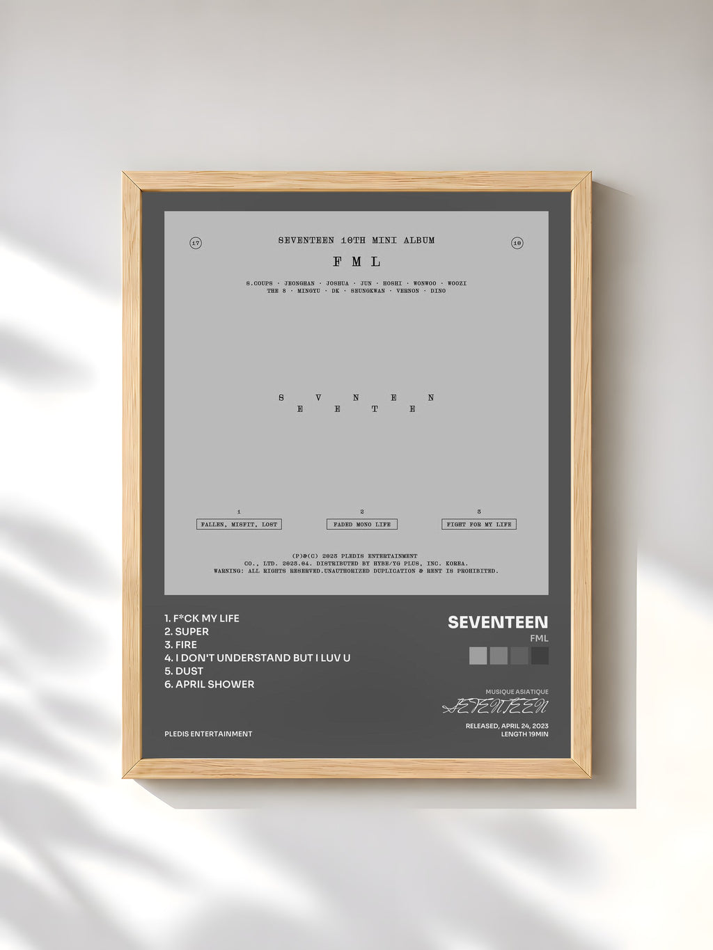 #bois Tableau de l'album FML de SEVENTEEN, cadre en bois brut, imprimé et encadré en France