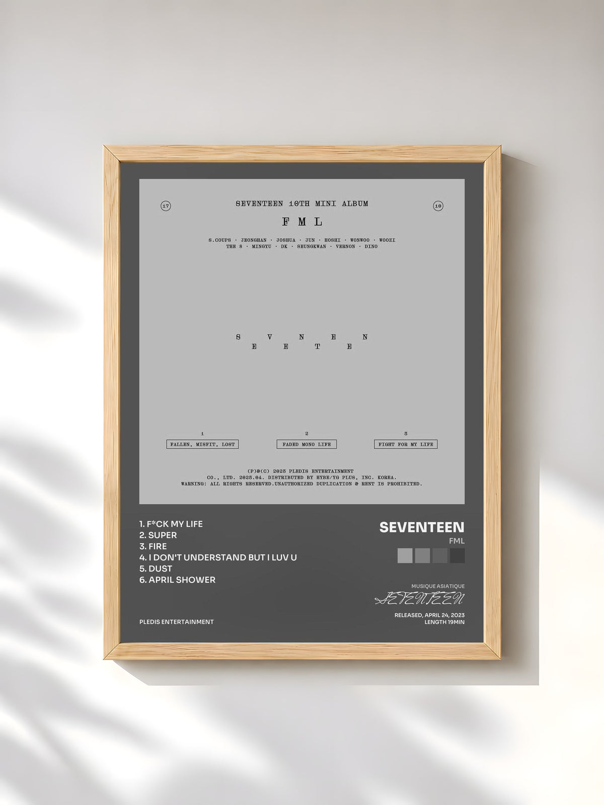 #bois Tableau de l'album FML de SEVENTEEN, cadre en bois brut, imprimé et encadré en France