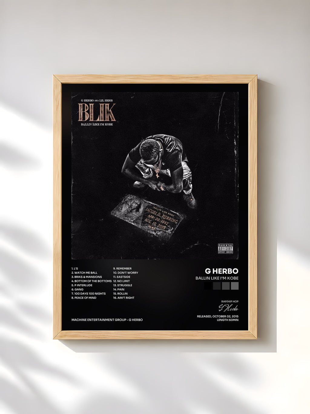 #bois Tableau de l'album Ballin Like I'm Kobe de G Herbo, cadre en bois brut, imprimé et encadré en France