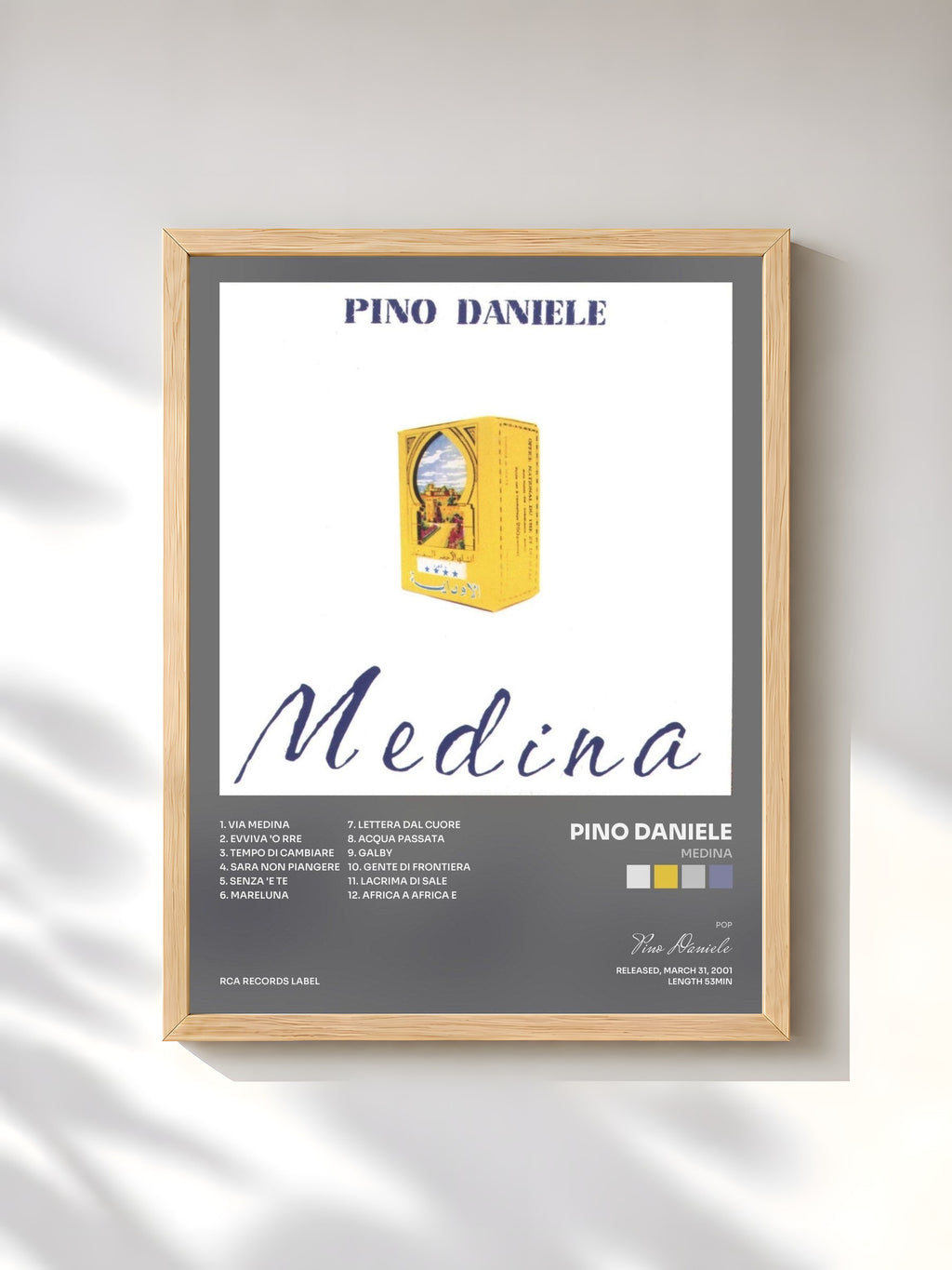 #bois Tableau de l'album Medina de Pino Daniele, cadre en bois brut, imprimé et encadré en France