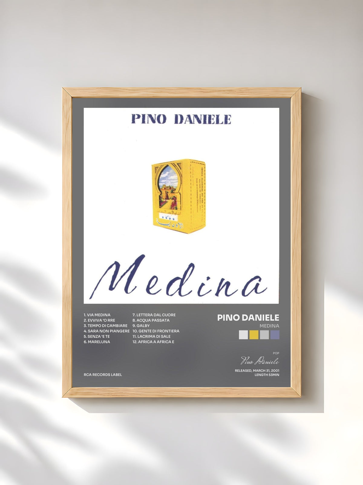 #bois Tableau de l'album Medina de Pino Daniele, cadre en bois brut, imprimé et encadré en France