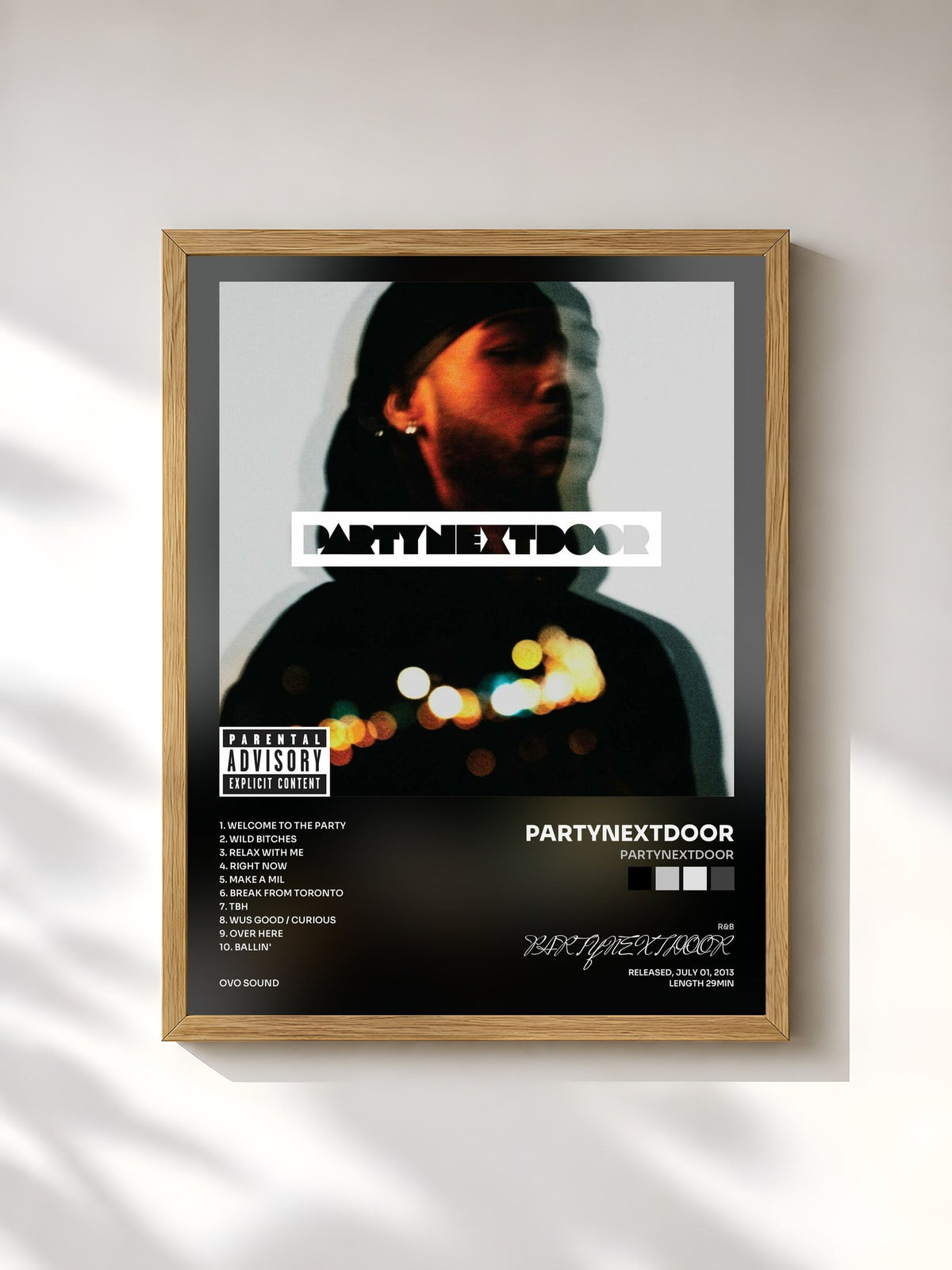 #bois Tableau de l'album PARTYNEXTDOOR de PARTYNEXTDOOR, cadre en bois brut, imprimé et encadré en France