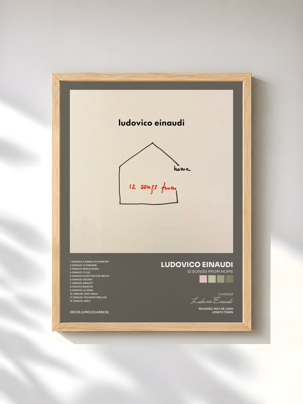 #bois Tableau de l'album 12 Songs From Home de Ludovico Einaudi, cadre en bois brut, imprimé et encadré en France