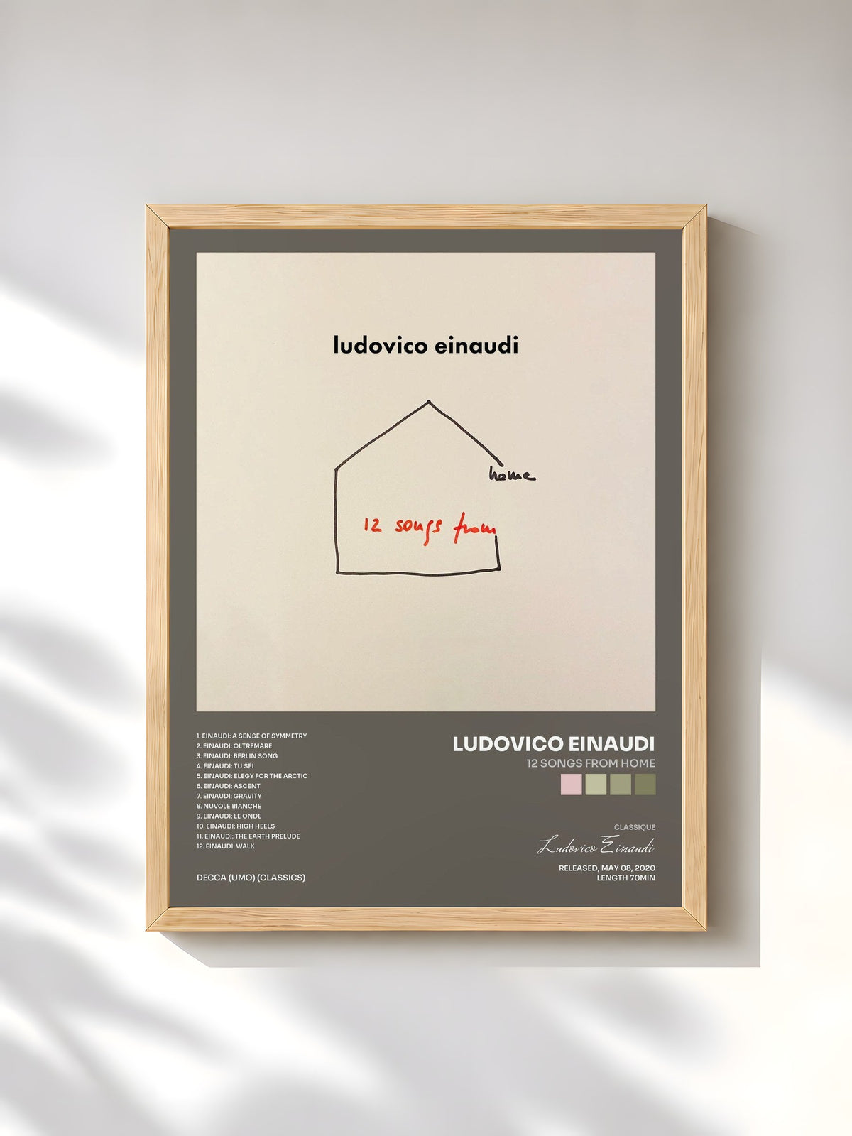 #bois Tableau de l'album 12 Songs From Home de Ludovico Einaudi, cadre en bois brut, imprimé et encadré en France