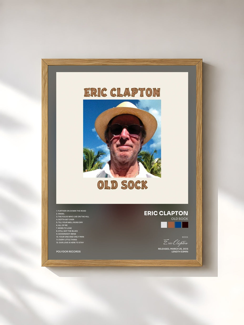 #bois Tableau de l'album Old Sock de Eric Clapton, cadre en bois brut, imprimé et encadré en France