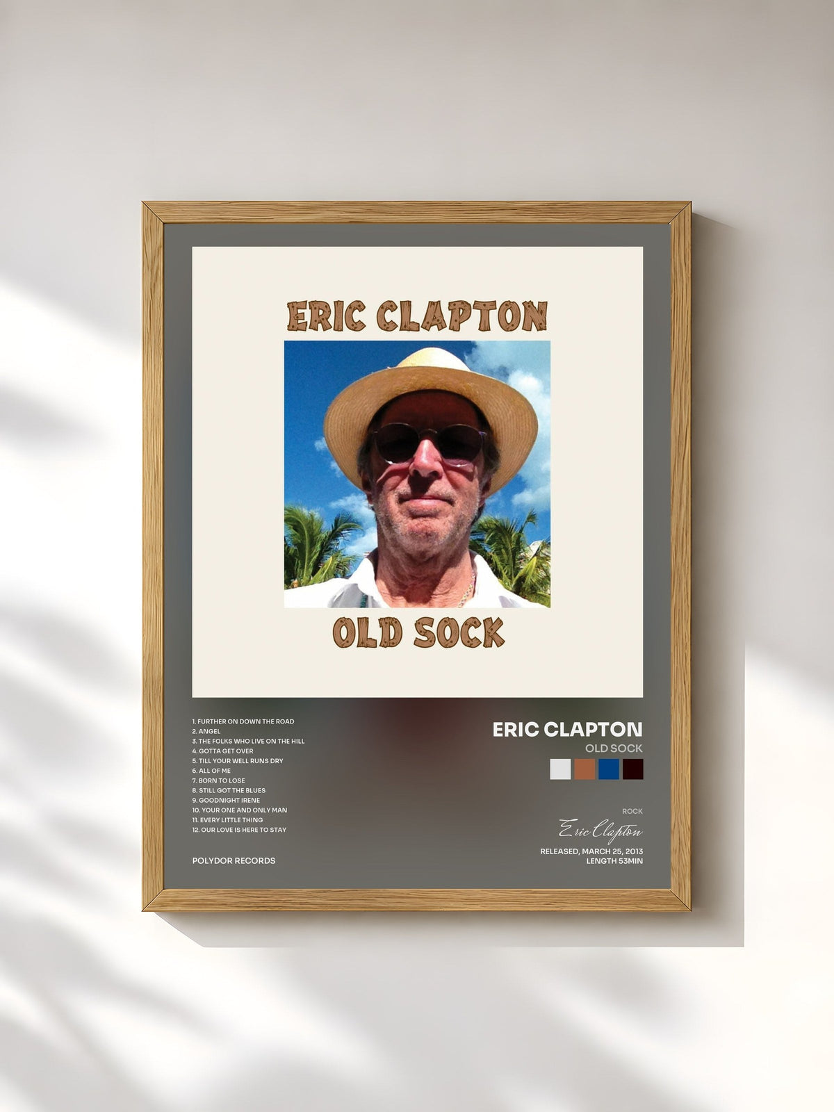 #bois Tableau de l'album Old Sock de Eric Clapton, cadre en bois brut, imprimé et encadré en France