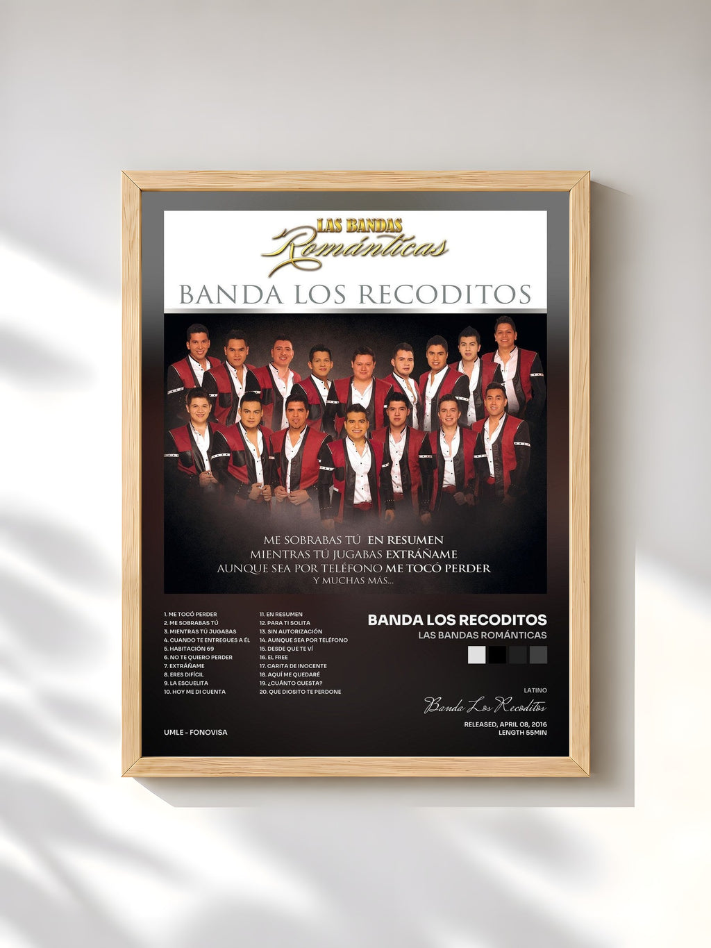 #bois Tableau de l'album Las Bandas Románticas de Banda Los Recoditos, cadre en bois brut, imprimé et encadré en France
