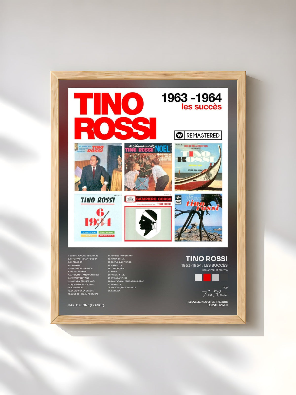 #bois Tableau de l'album 1963-1964 : Les succès (Remasterisé en 2018) de Tino Rossi, cadre en bois brut, imprimé et encadré en France