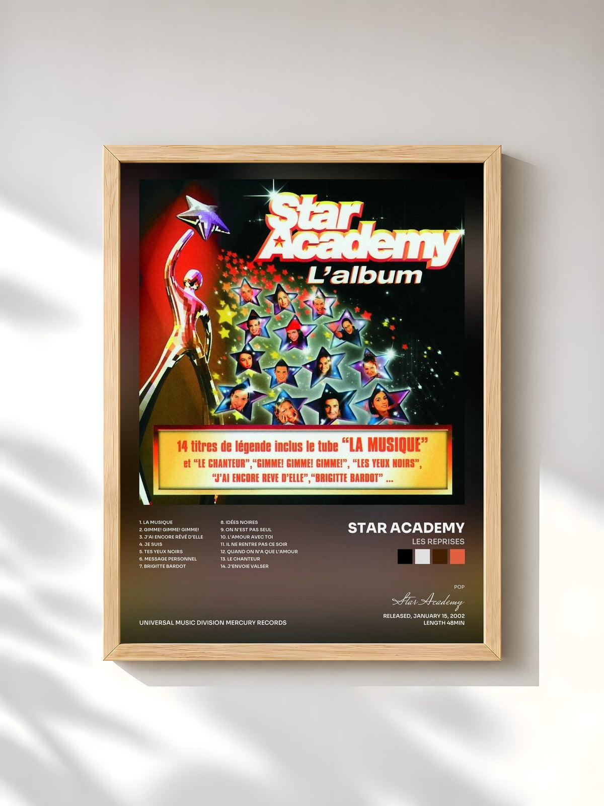 #bois Tableau de l'album Les Reprises de Star Academy, cadre en bois brut, imprimé et encadré en France