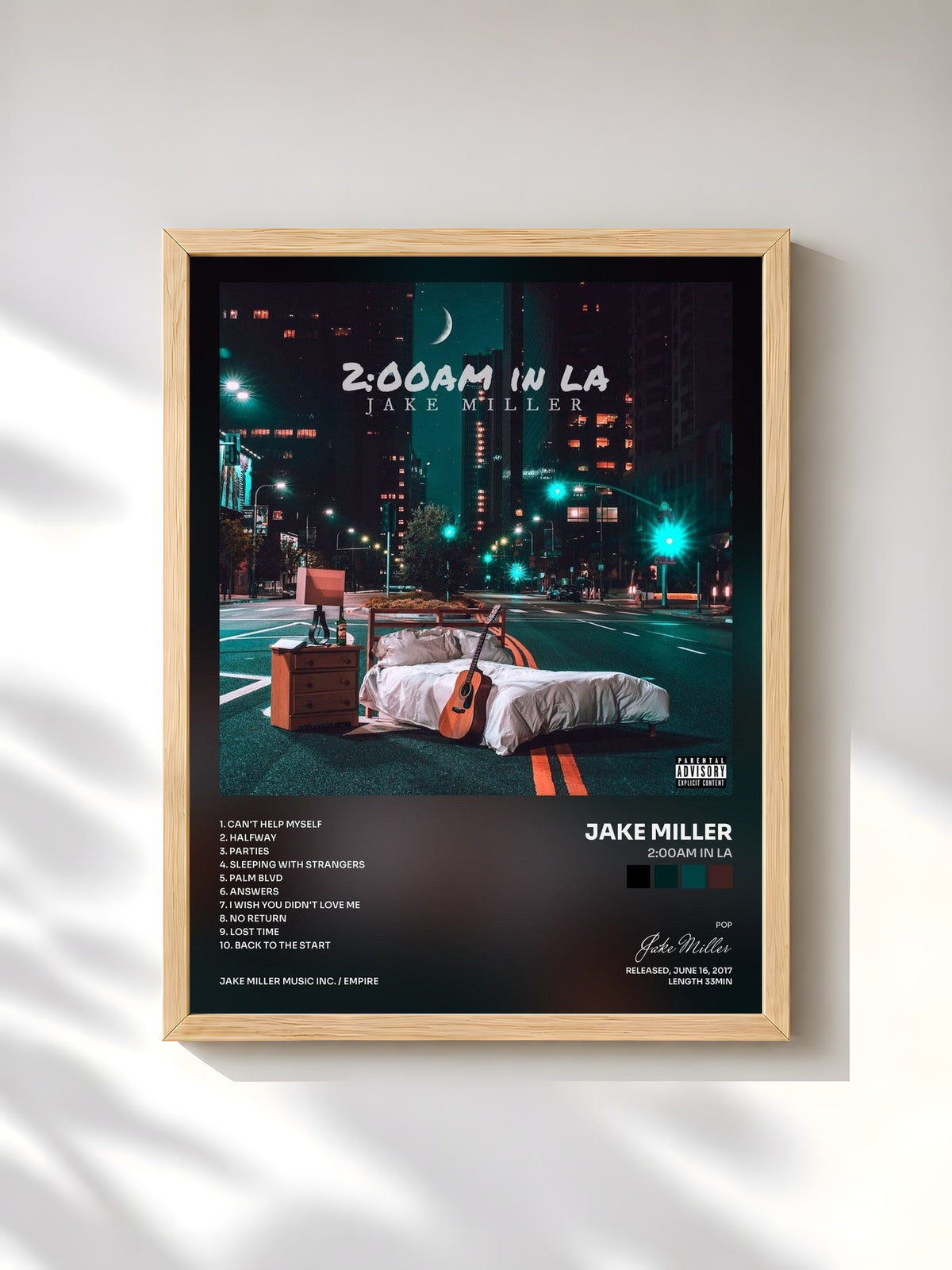 #bois Tableau de l'album 2:00am in LA de Jake Miller, cadre en bois brut, imprimé et encadré en France