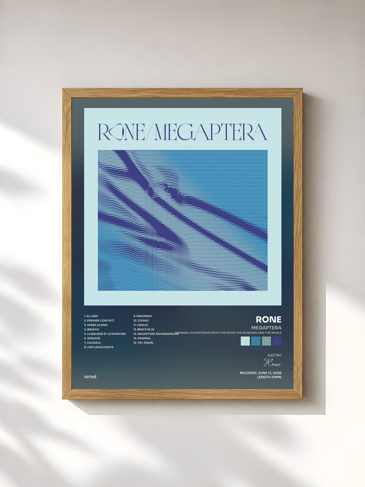 #bois Tableau de l'album Megaptera (Original Soundtrack from the Movie the Musician and the Whale) de Rone, cadre en bois brut, imprimé et encadré en France