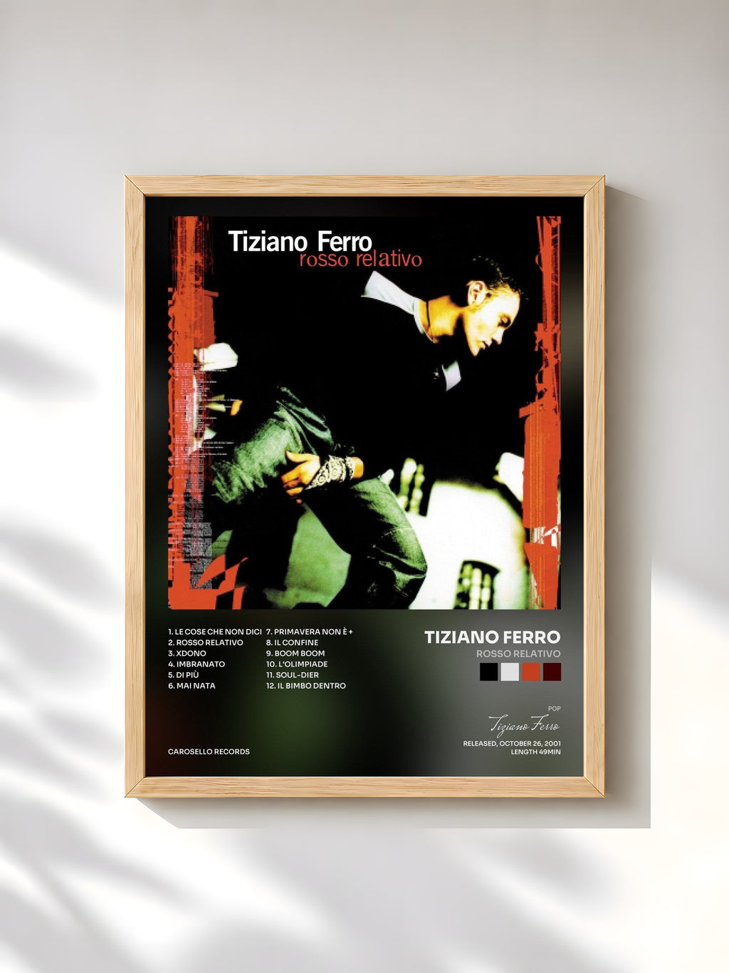 #bois Tableau de l'album Rosso relativo de Tiziano Ferro, cadre en bois brut, imprimé et encadré en France