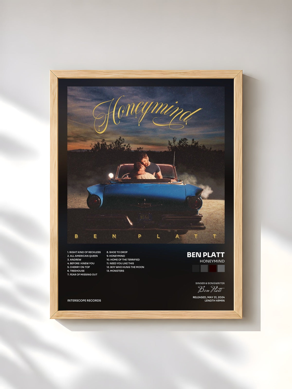 #bois Tableau de l'album Honeymind de Ben Platt, cadre en bois brut, imprimé et encadré en France