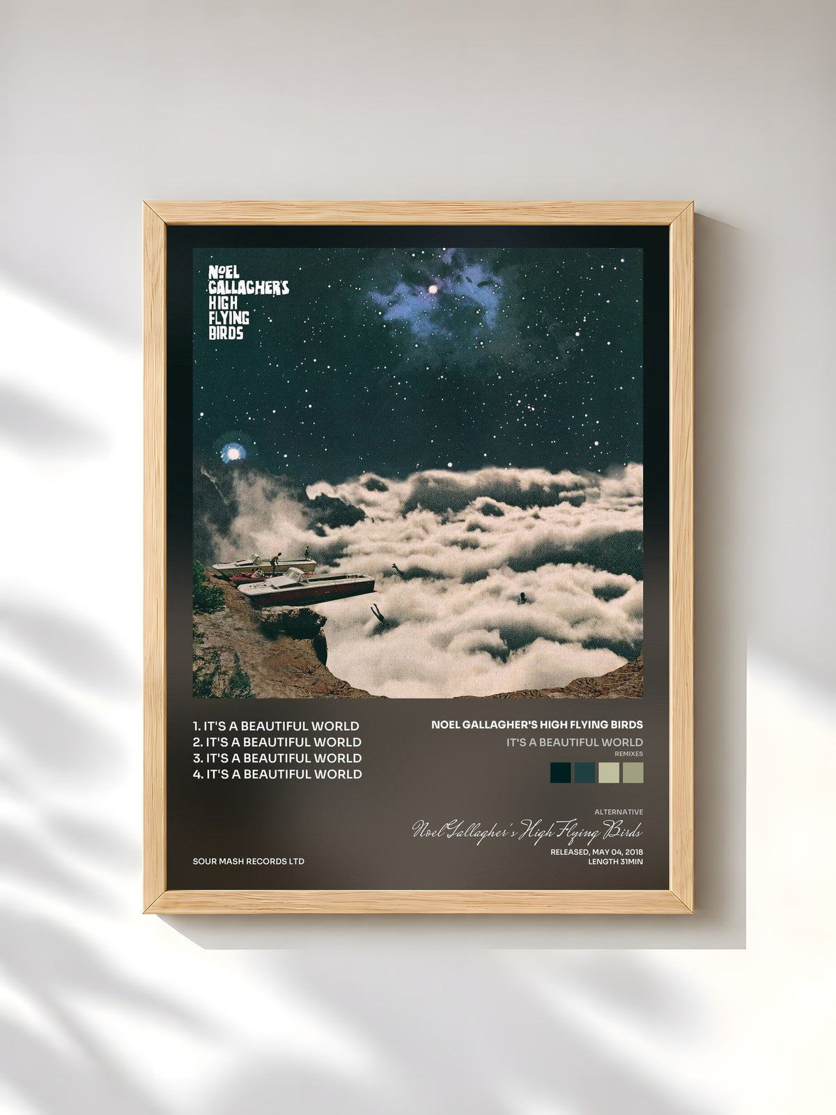 #bois Tableau de l'album It's A Beautiful World (Remixes) de Noel Gallagher's High Flying Birds, cadre en bois brut, imprimé et encadré en France