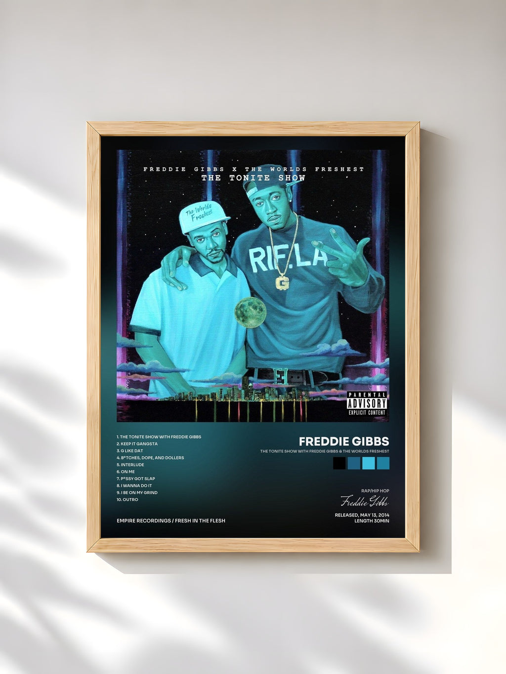 #bois Tableau de l'album The Tonite Show with Freddie Gibbs & The Worlds Freshest de Freddie Gibbs, cadre en bois brut, imprimé et encadré en France