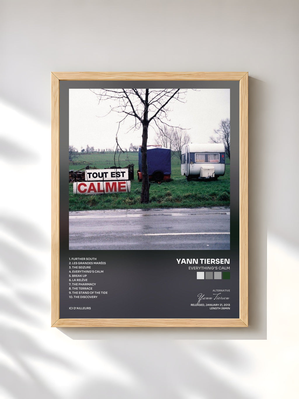 #bois Tableau de l'album Everything's Calm de Yann Tiersen, cadre en bois brut, imprimé et encadré en France