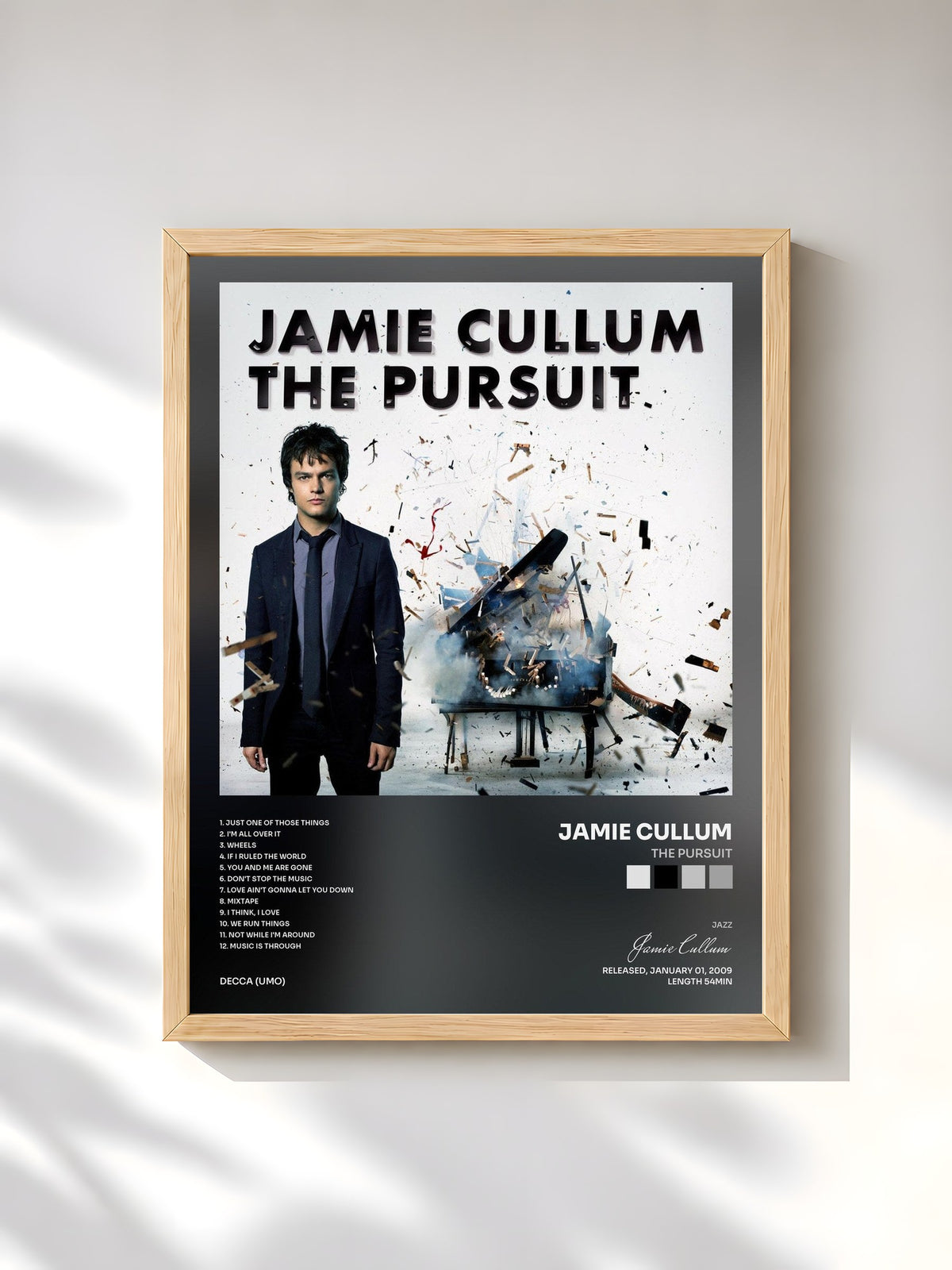 #bois Tableau de l'album The Pursuit de Jamie Cullum, cadre en bois brut, imprimé et encadré en France