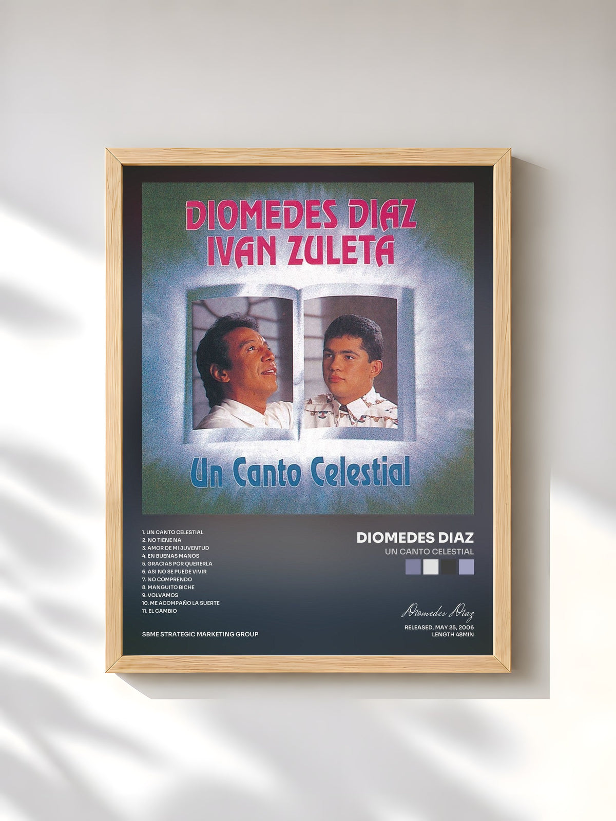 #bois Tableau de l'album Un Canto Celestial de Diomedes Diaz, cadre en bois brut, imprimé et encadré en France