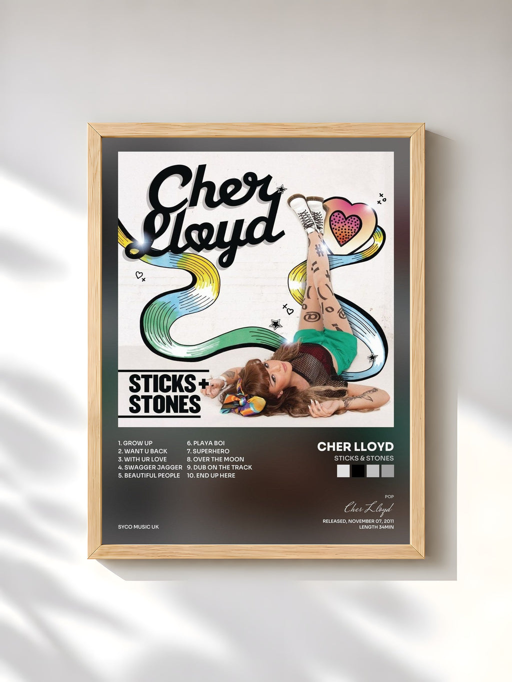 #bois Tableau de l'album Sticks & Stones de Cher Lloyd, cadre en bois brut, imprimé et encadré en France