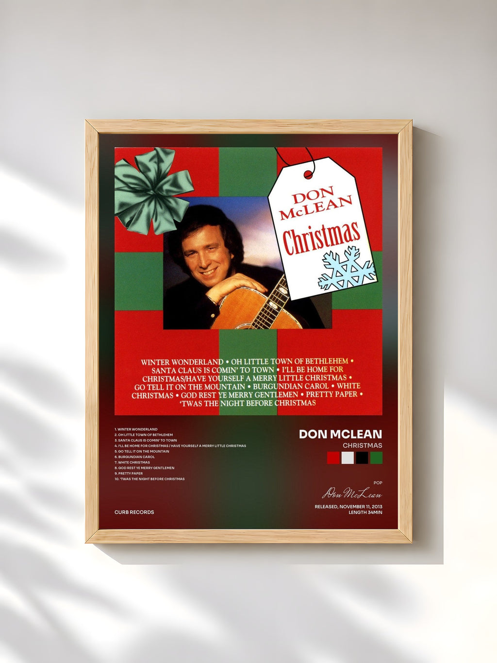 #bois Tableau de l'album Christmas de Don McLean, cadre en bois brut, imprimé et encadré en France