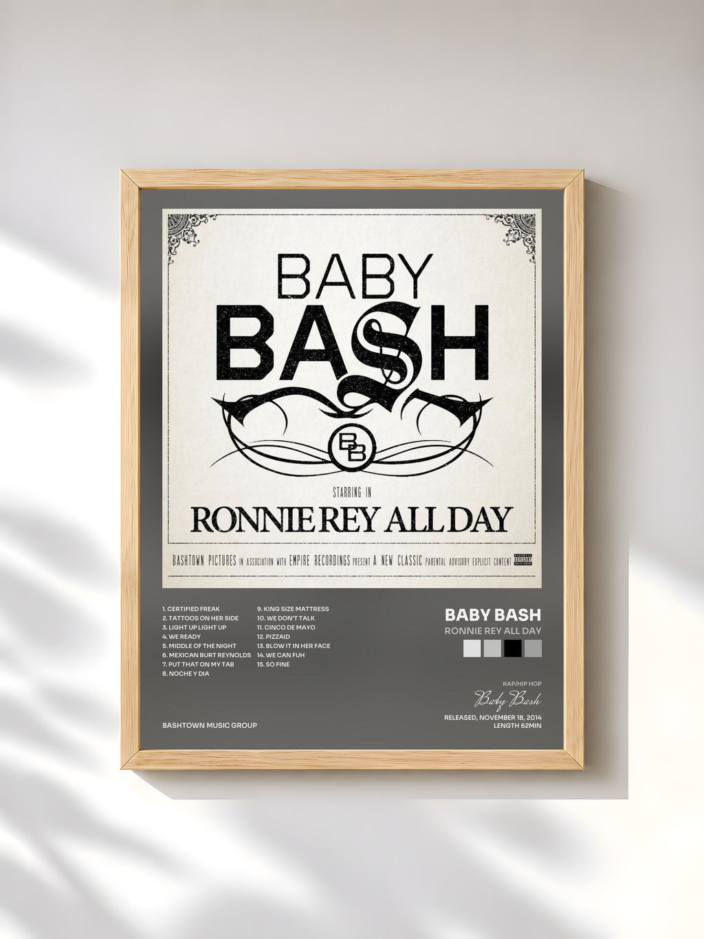 #bois Tableau de l'album Ronnie Rey All Day de Baby Bash, cadre en bois brut, imprimé et encadré en France