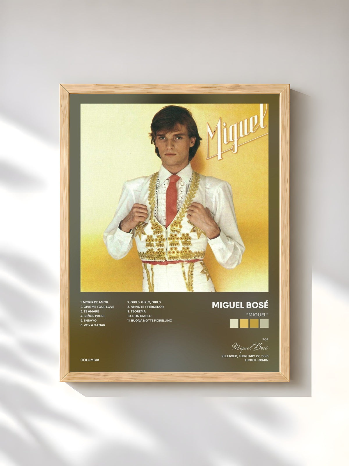 #bois Tableau de l'album "Miguel" de Miguel Bosé, cadre en bois brut, imprimé et encadré en France