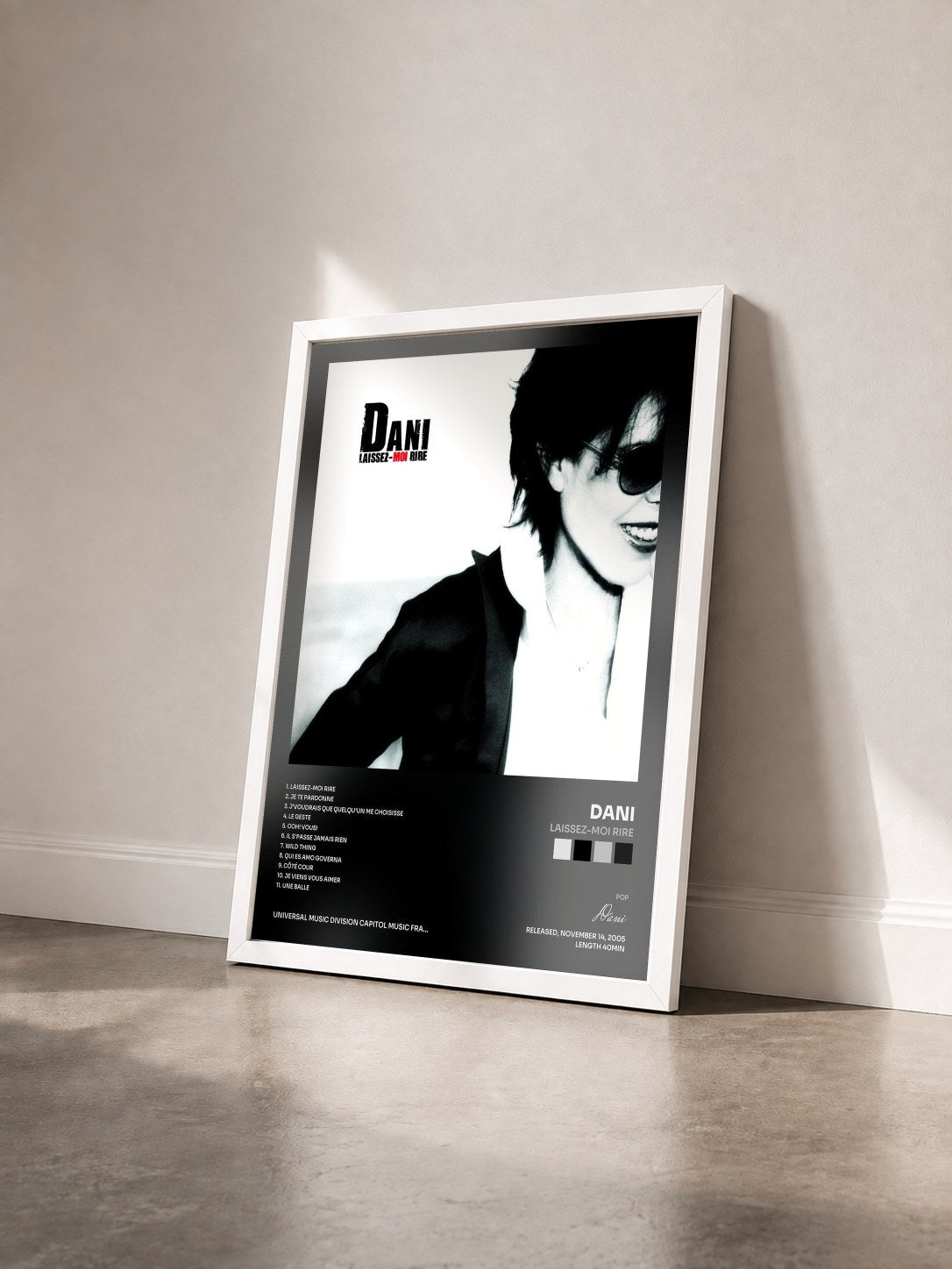 #blanc Tableau de l'album Laissez-Moi Rire de Dani vu de trois quarts, cadre blanc