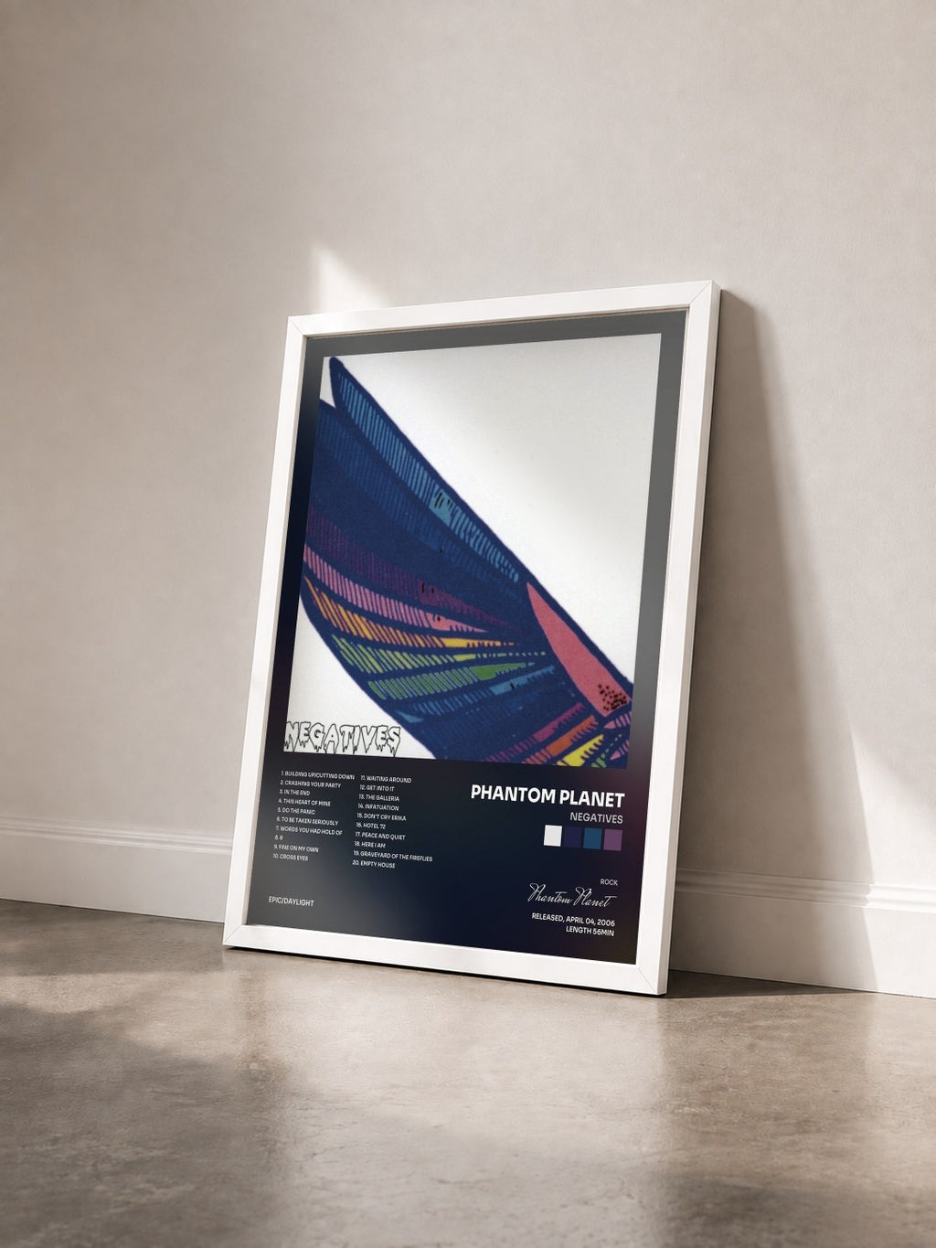 #blanc Tableau de l'album Negatives de Phantom Planet vu de trois quarts, cadre blanc