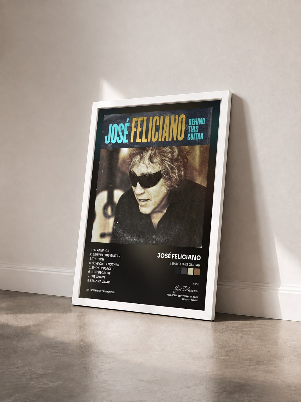 #blanc Tableau de l'album Behind This Guitar de José Feliciano vu de trois quarts, cadre blanc