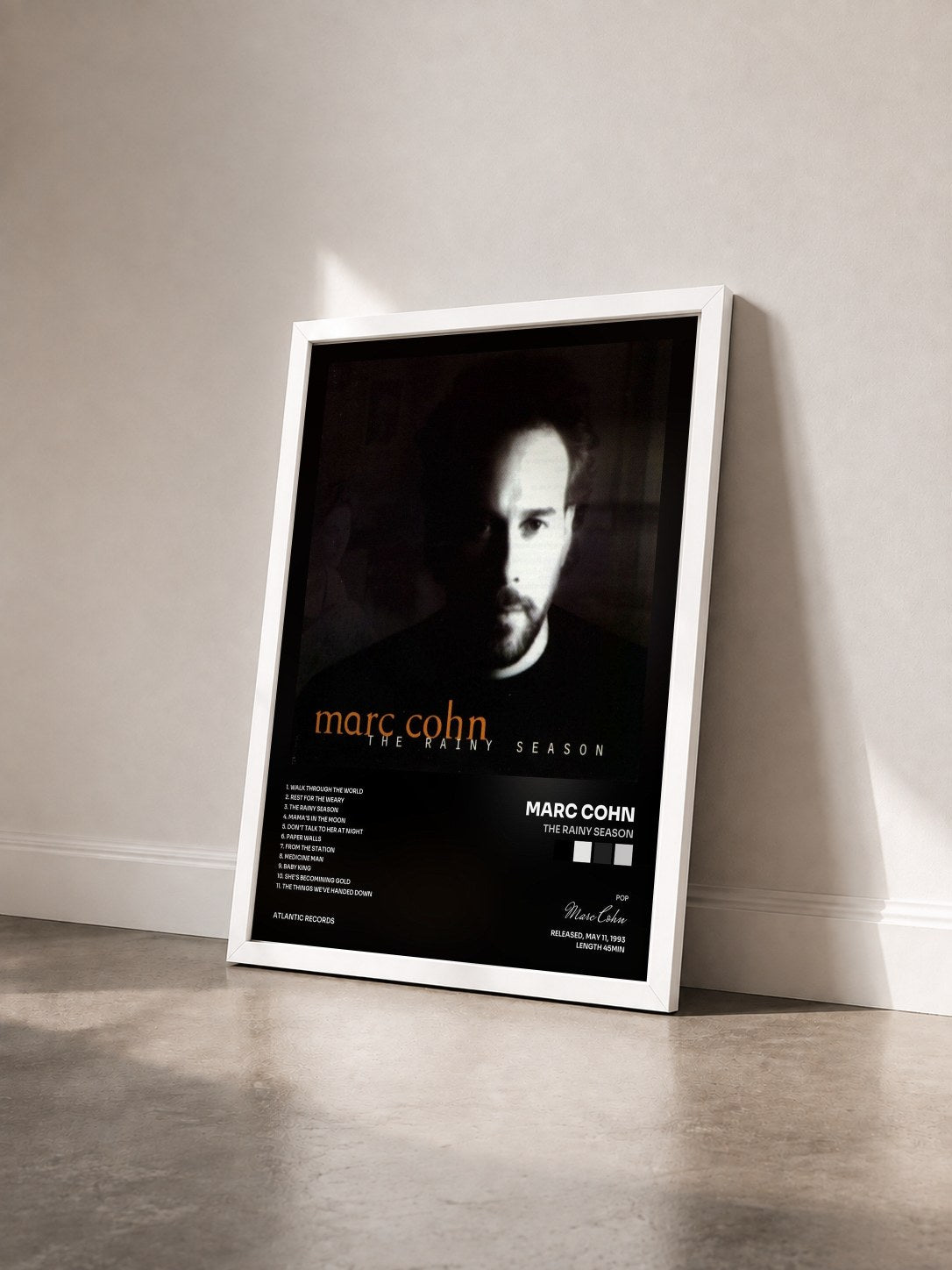 #blanc Tableau de l'album The Rainy Season de Marc Cohn vu de trois quarts, cadre blanc