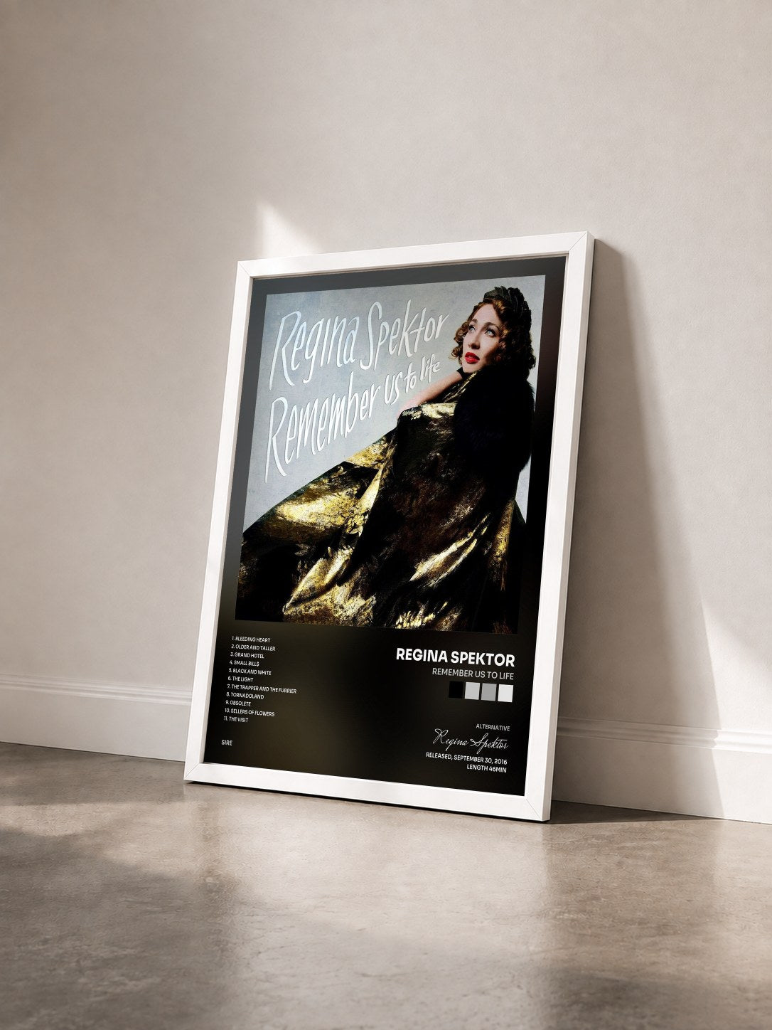 #blanc Tableau de l'album Remember Us to Life de Regina Spektor vu de trois quarts, cadre blanc