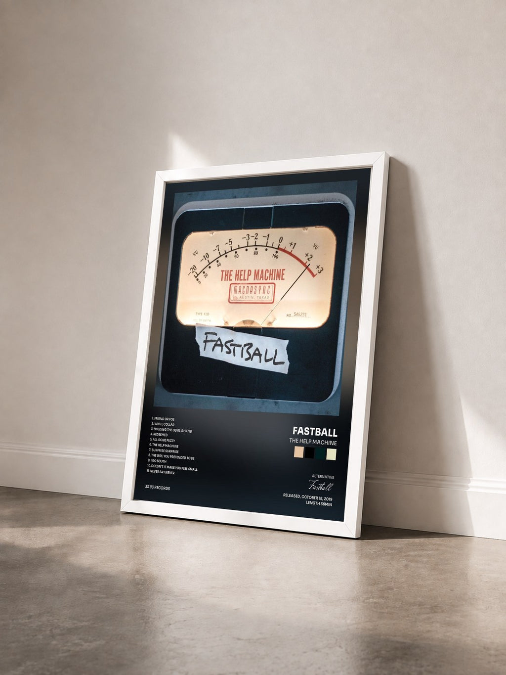 #blanc Tableau de l'album The Help Machine de Fastball vu de trois quarts, cadre blanc