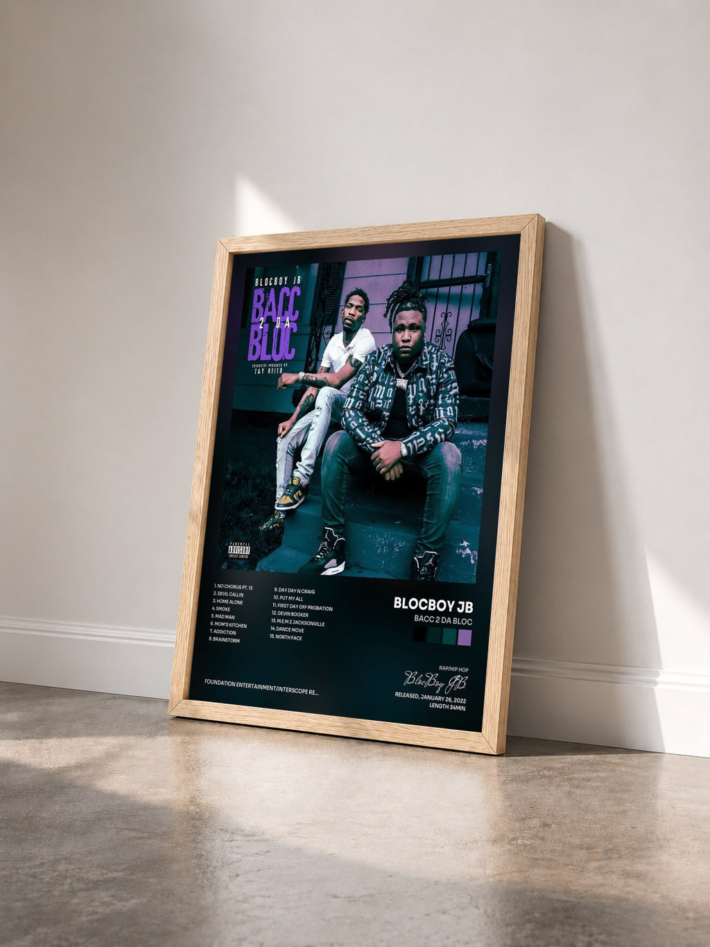 #bois Tableau de l'album Bacc 2 Da Bloc de BlocBoy JB vu de trois quarts, cadre en bois brut