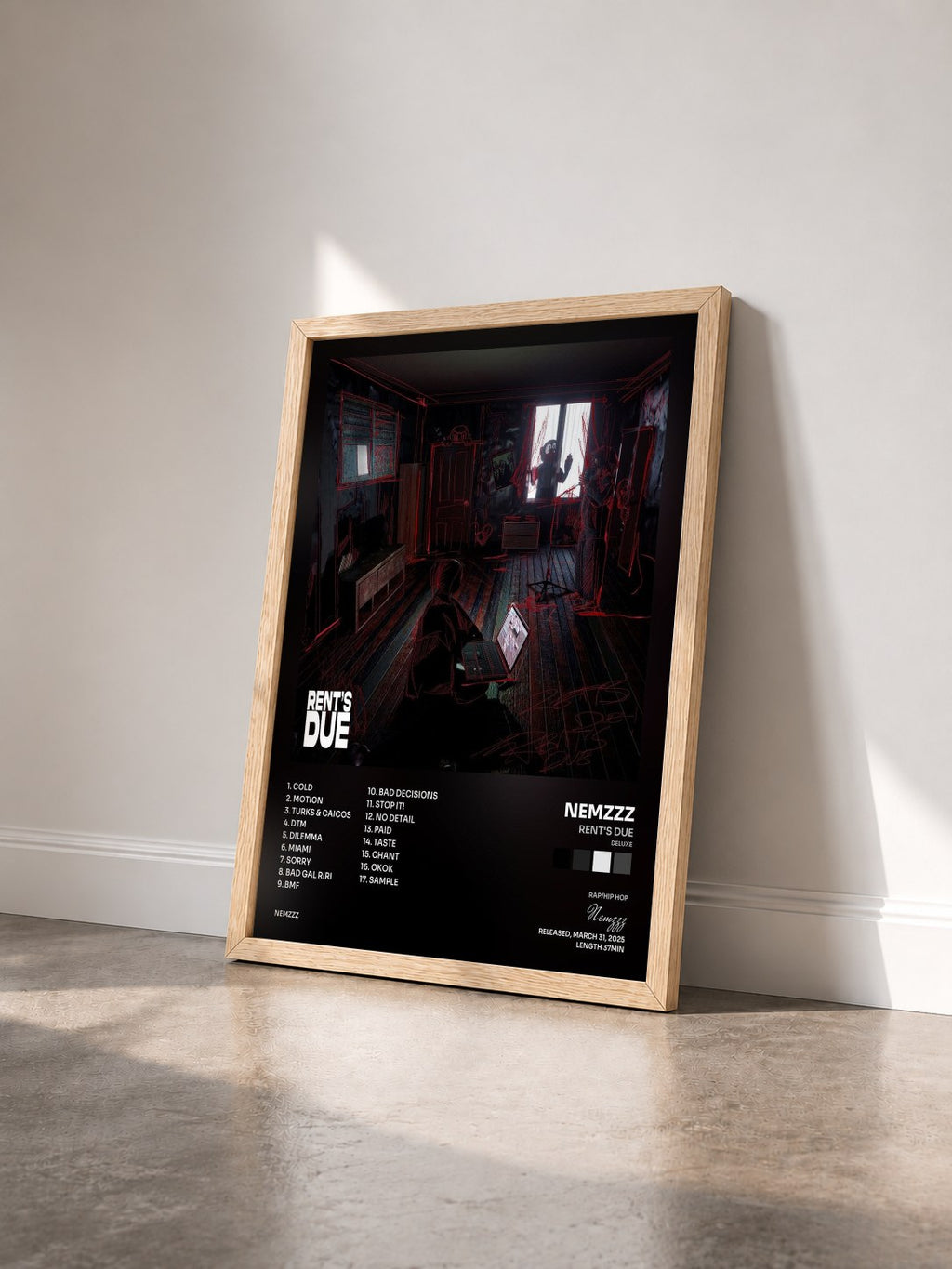 #bois Tableau de l'album RENT'S DUE (DELUXE) de Nemzzz vu de trois quarts, cadre en bois brut
