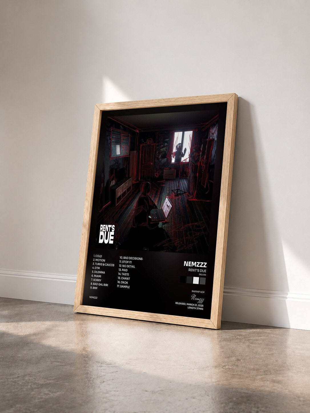 #bois Tableau de l'album RENT'S DUE (DELUXE) de Nemzzz vu de trois quarts, cadre en bois brut