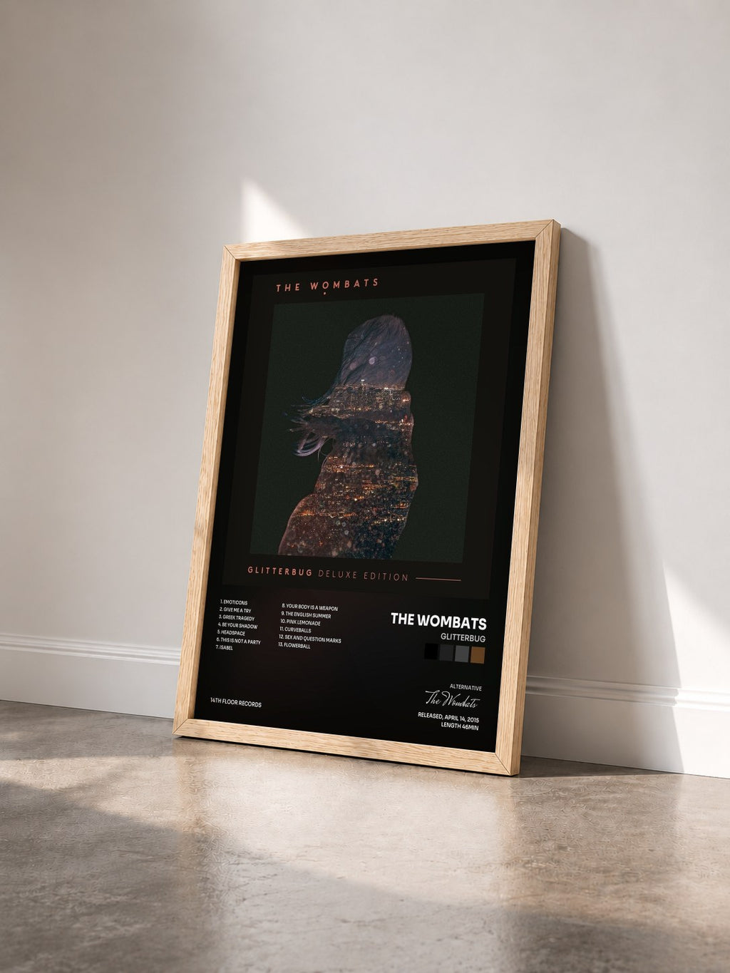 #bois Tableau de l'album Glitterbug de The Wombats vu de trois quarts, cadre en bois brut