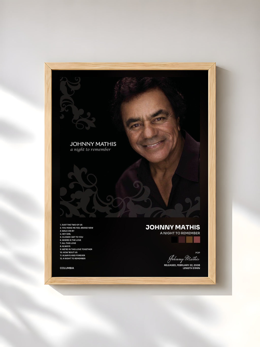 #bois Tableau de l'album A Night To Remember de Johnny Mathis, cadre en bois brut, imprimé et encadré en France