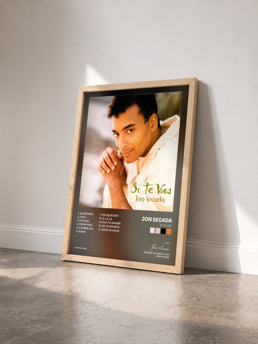 #bois Tableau de l'album Si Te Vas de Jon Secada vu de trois quarts, cadre en bois brut