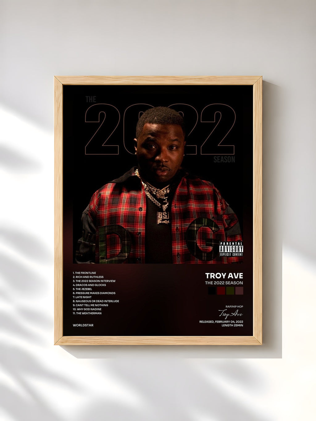 #bois Tableau de l'album The 2022 Season de Troy Ave, cadre en bois brut, imprimé et encadré en France
