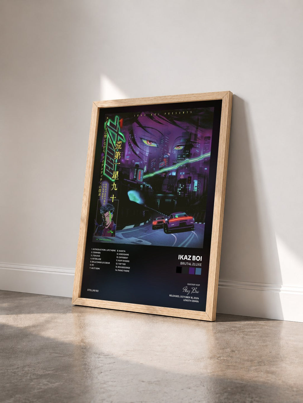 #bois Tableau de l'album BRUT4L 2LUXE de Ikaz Boi vu de trois quarts, cadre en bois brut