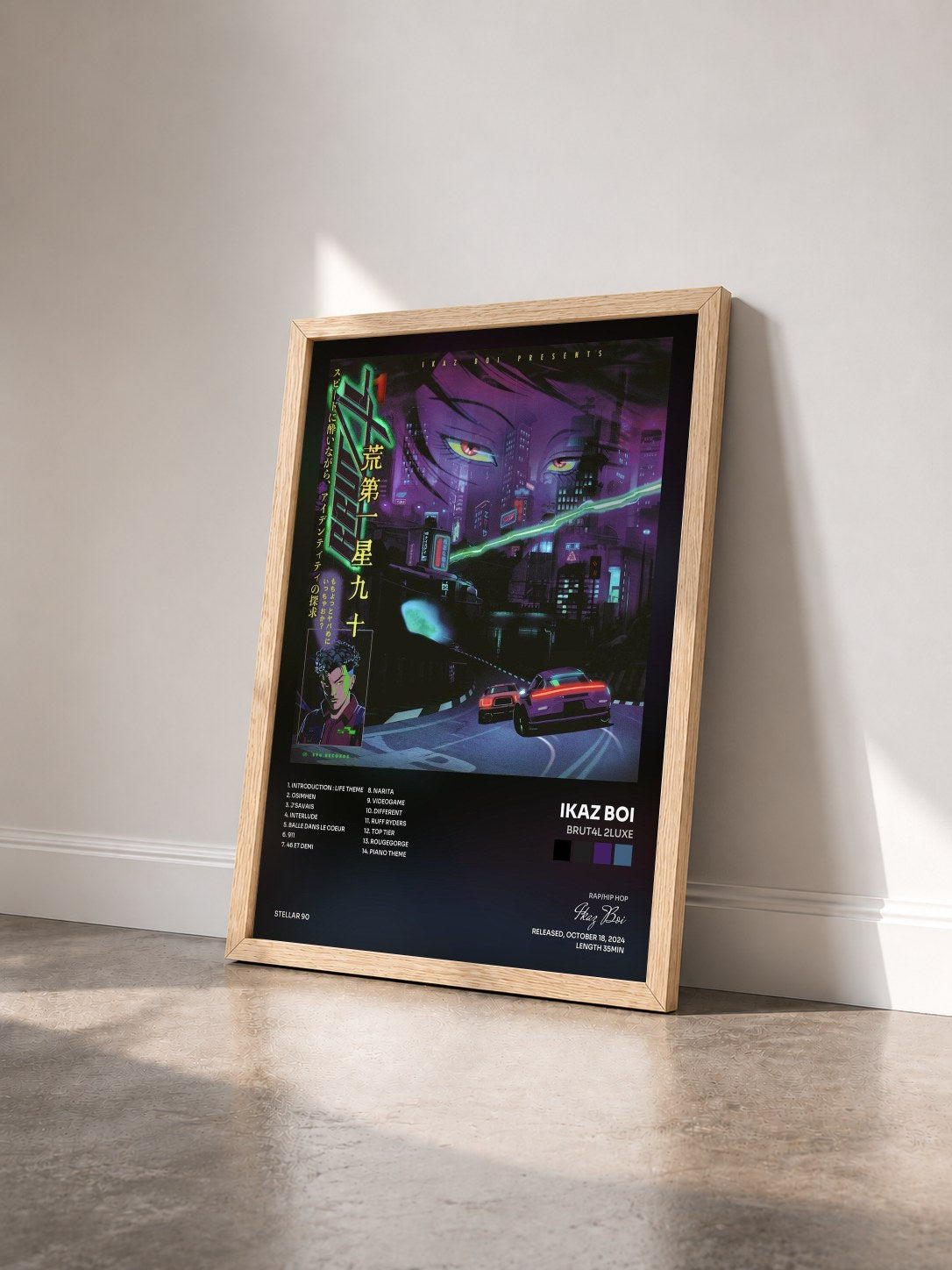 #bois Tableau de l'album BRUT4L 2LUXE de Ikaz Boi vu de trois quarts, cadre en bois brut