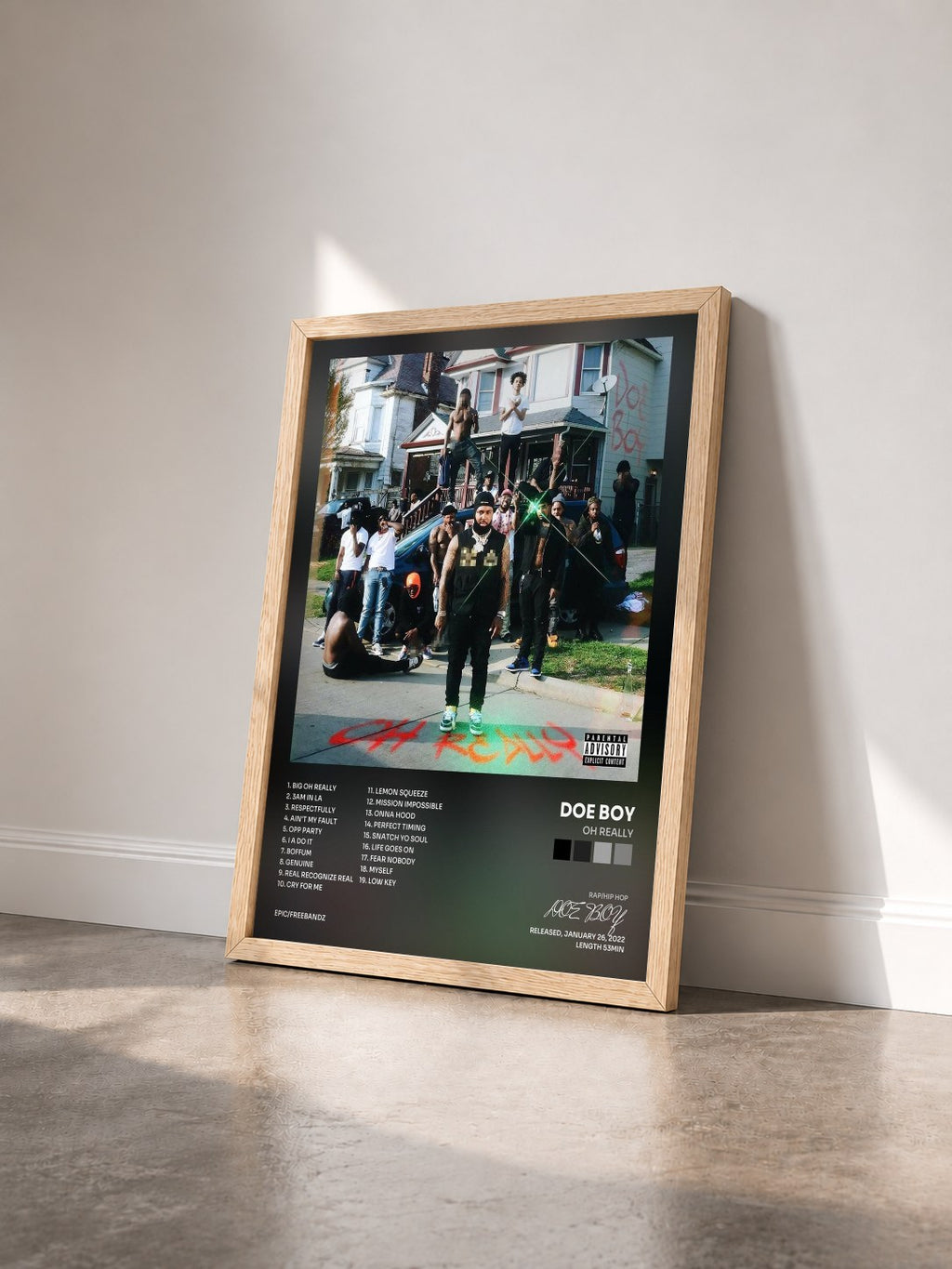 #bois Tableau de l'album OH REALLY de DOE BOY vu de trois quarts, cadre en bois brut