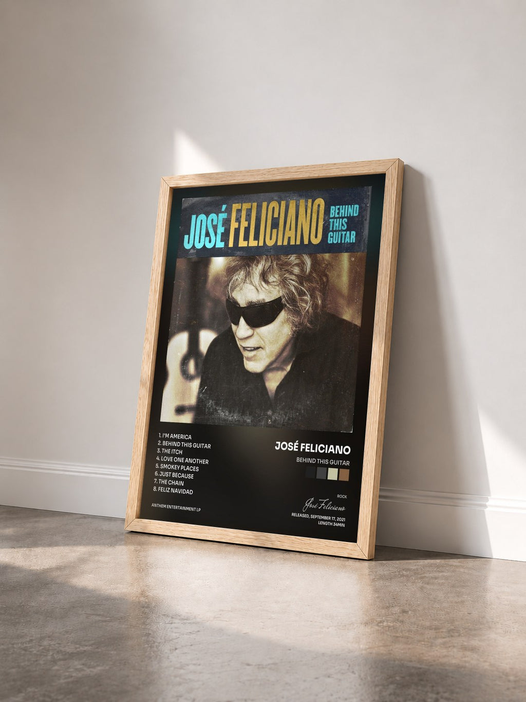 #bois Tableau de l'album Behind This Guitar de José Feliciano vu de trois quarts, cadre en bois brut