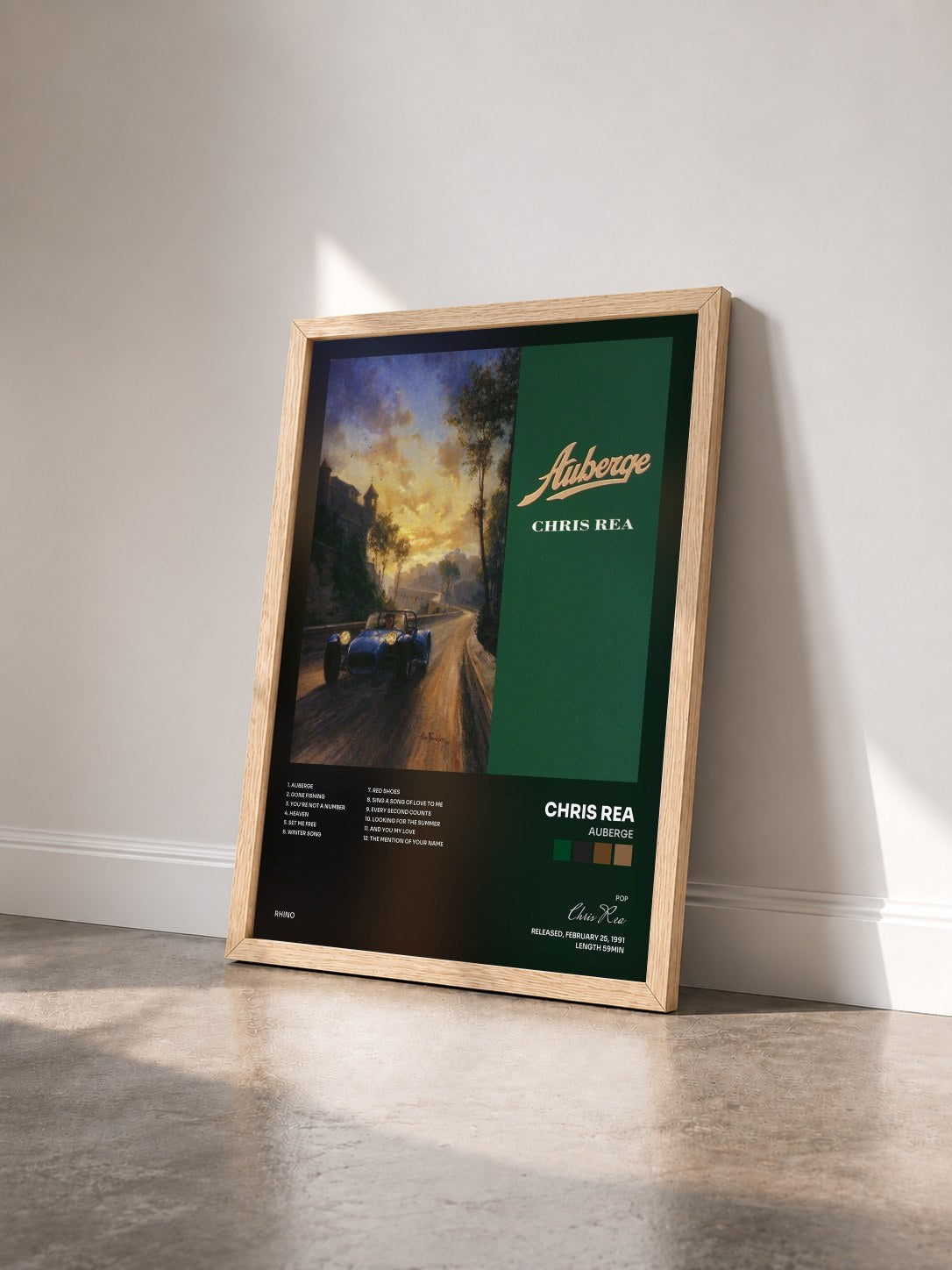 #bois Tableau de l'album Auberge de Chris Rea vu de trois quarts, cadre en bois brut