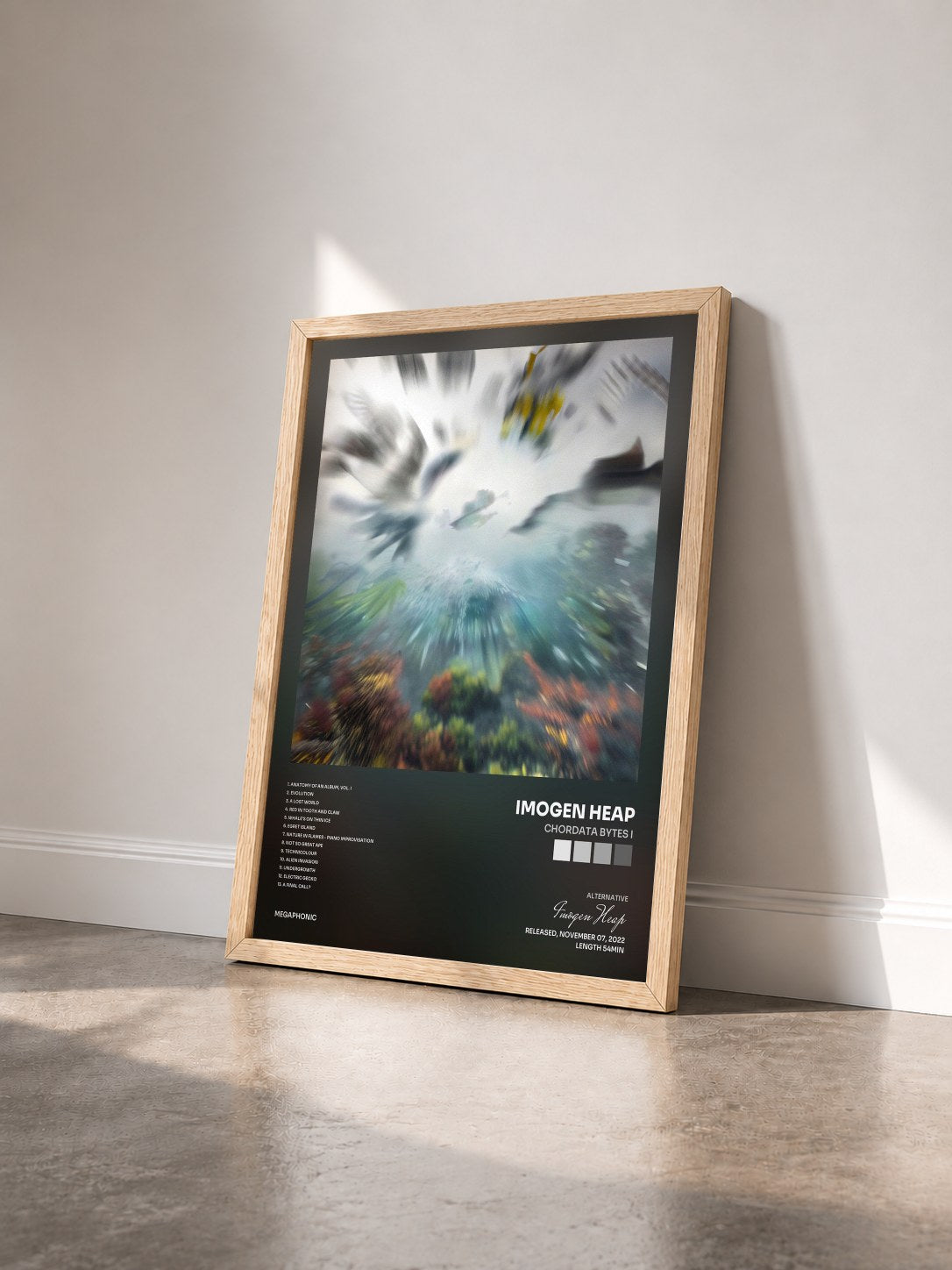 #bois Tableau de l'album Chordata Bytes I de Imogen Heap vu de trois quarts, cadre en bois brut